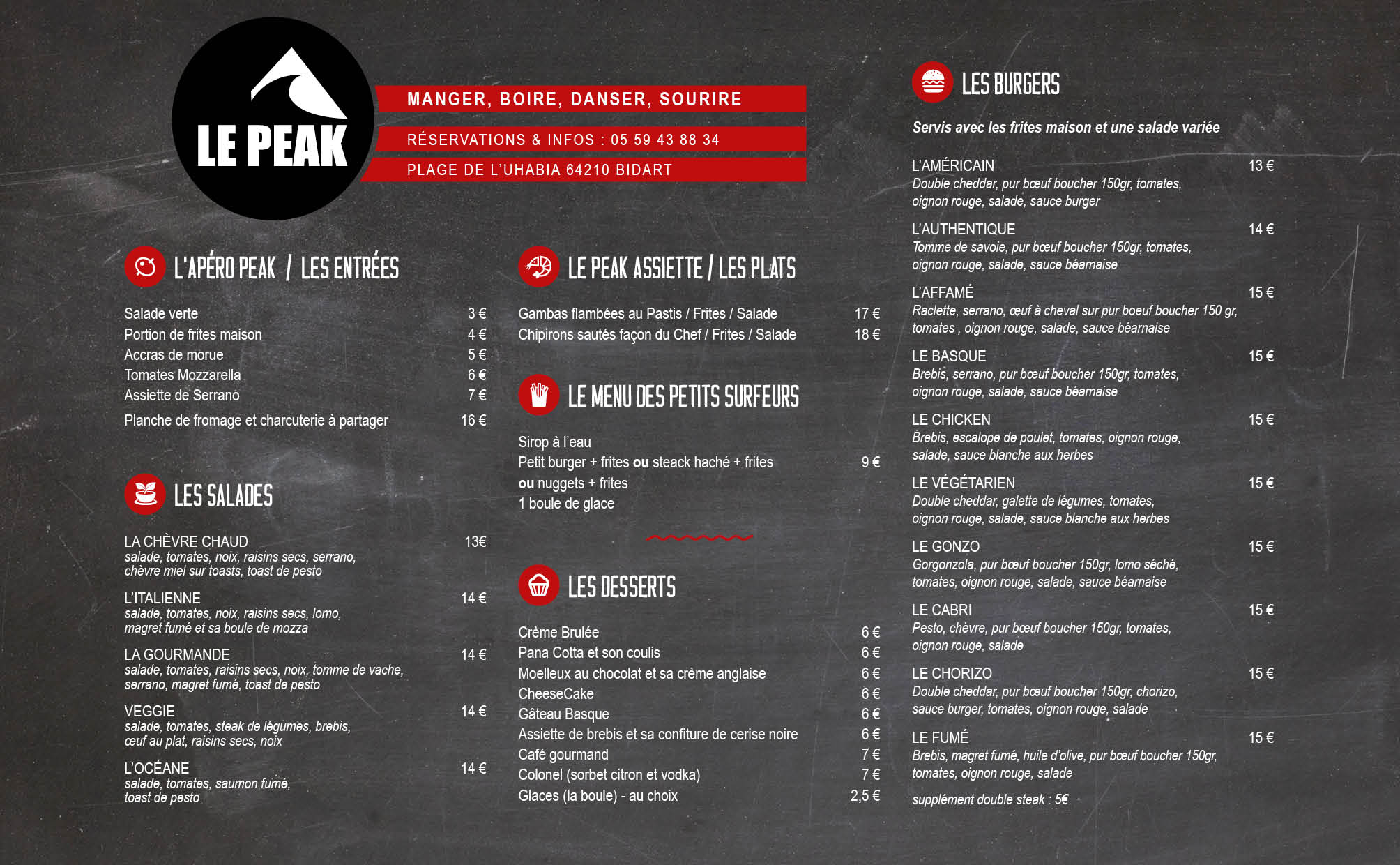 carte restaurant le Peak Bidart 2023